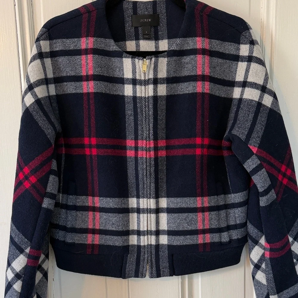 J. Crew Navy Plaid Wool Bomber Jacket with Pink Accents - Picture 8 of 9